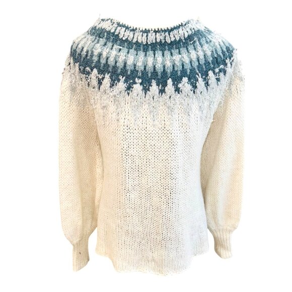 Free People Baltic Fair isle Oversized Pullover Sweater, Blue, Ivory XS Preppy - Picture 2 of 9